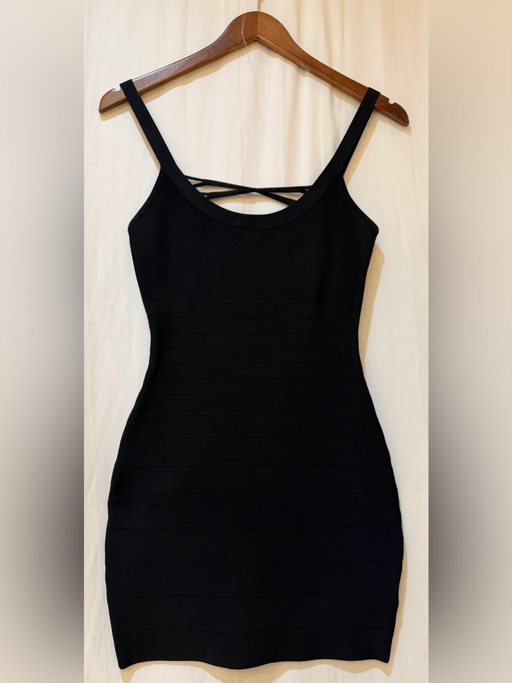 Marciano Fitted Mini Dress with Strappy Cross Back Horizontal Lines - Black - S